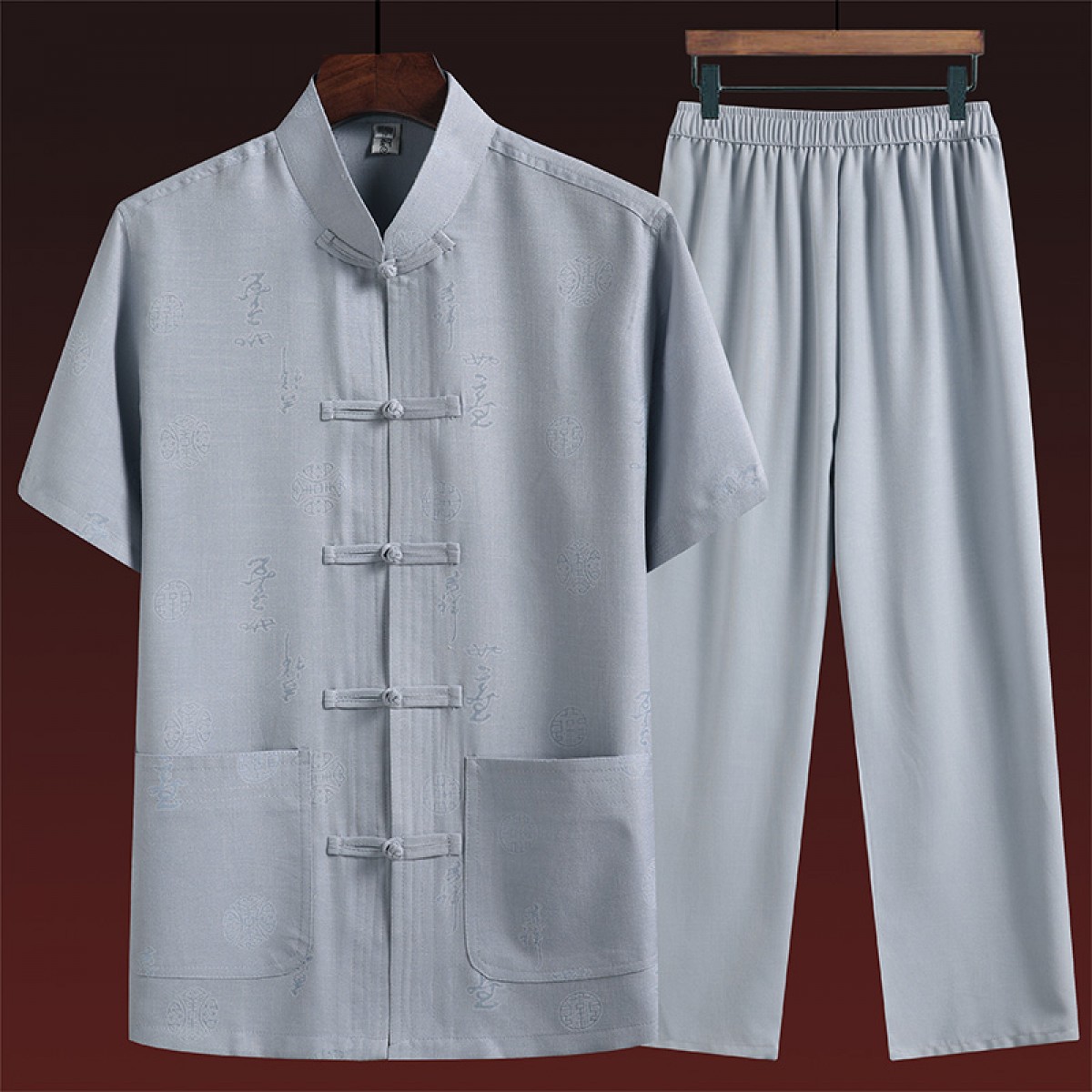中老年唐装爷爷短袖老人衣服棉麻套装