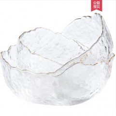 日式锤纹金边玻璃碗沙拉碗碟套装家用水果盘创意北欧风餐具甜品碗
