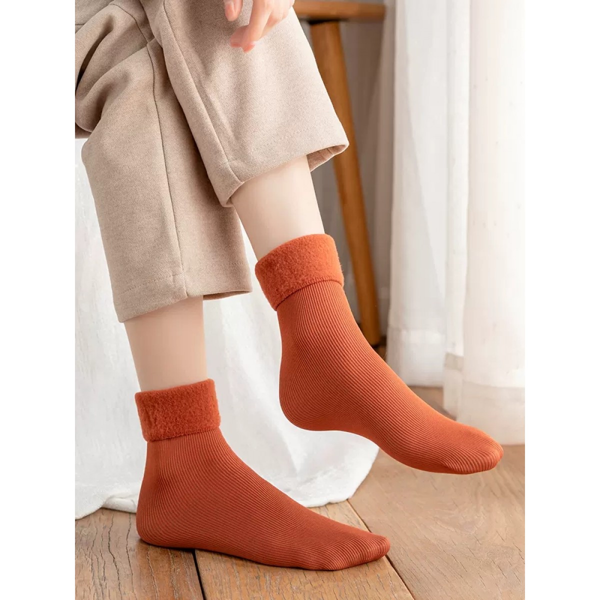 加绒加厚中筒保暖袜橙色6双装