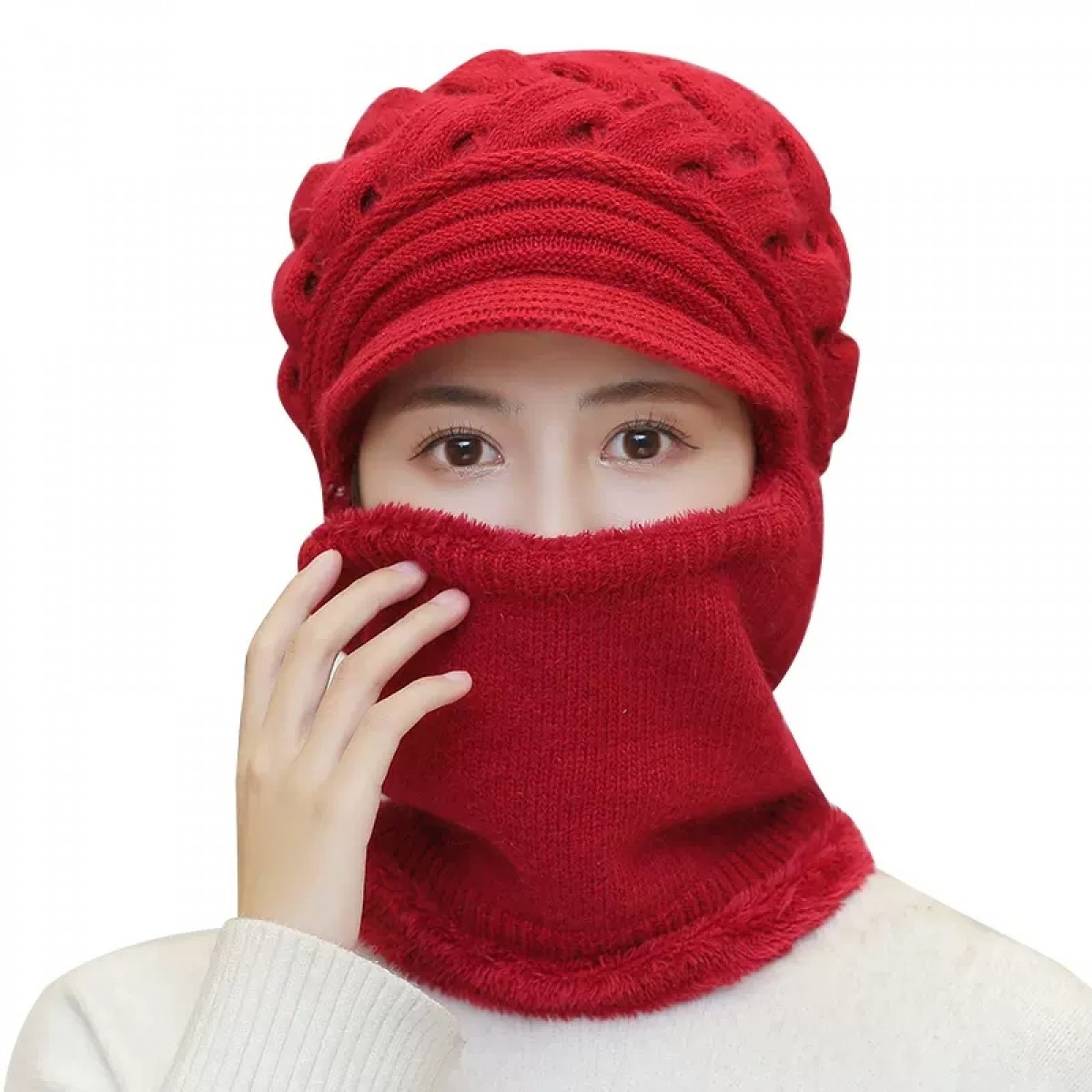 女士防寒保暖针织帽红色